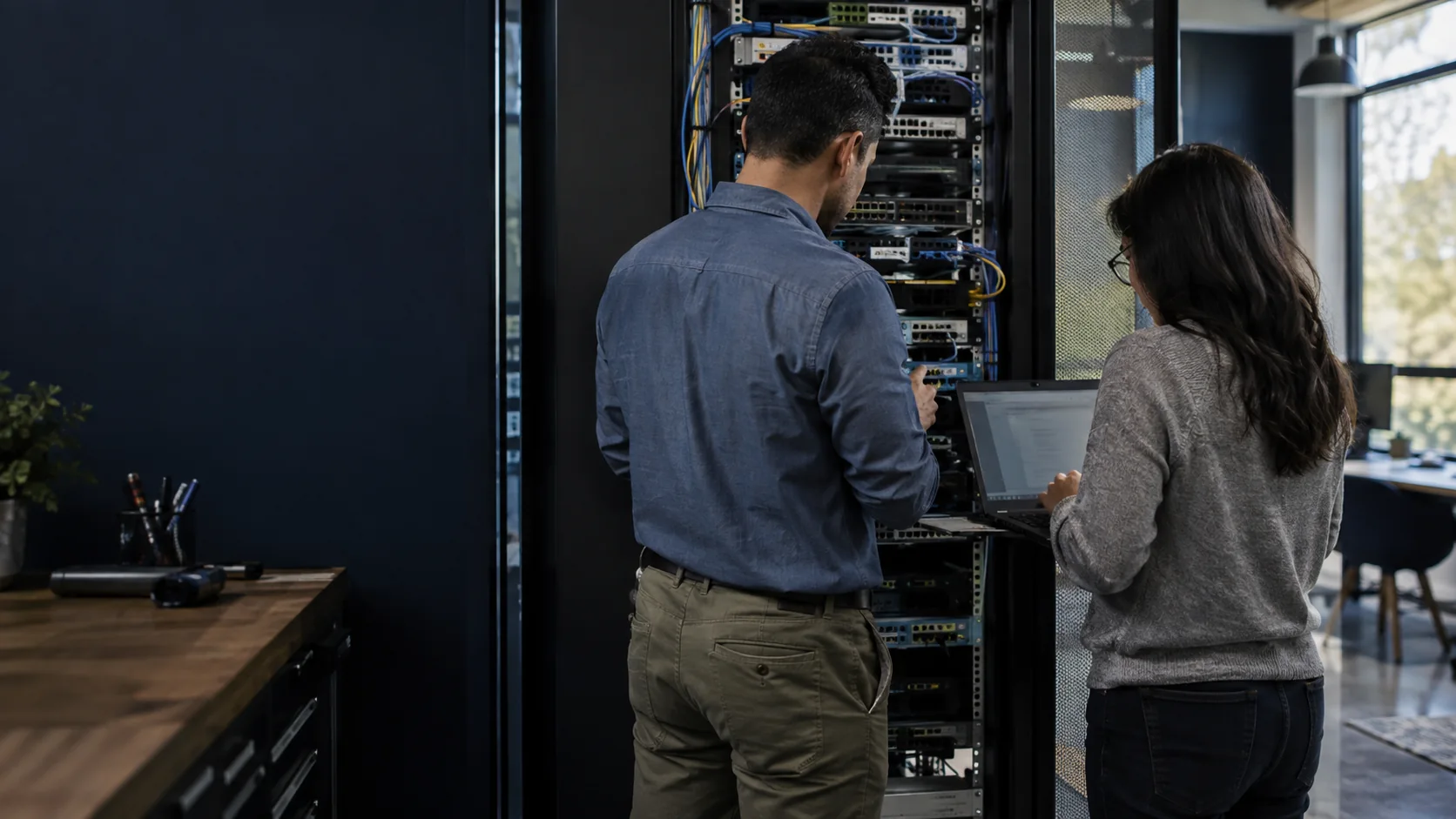 Illustrative scene of two people collaborating at a workplace network rack