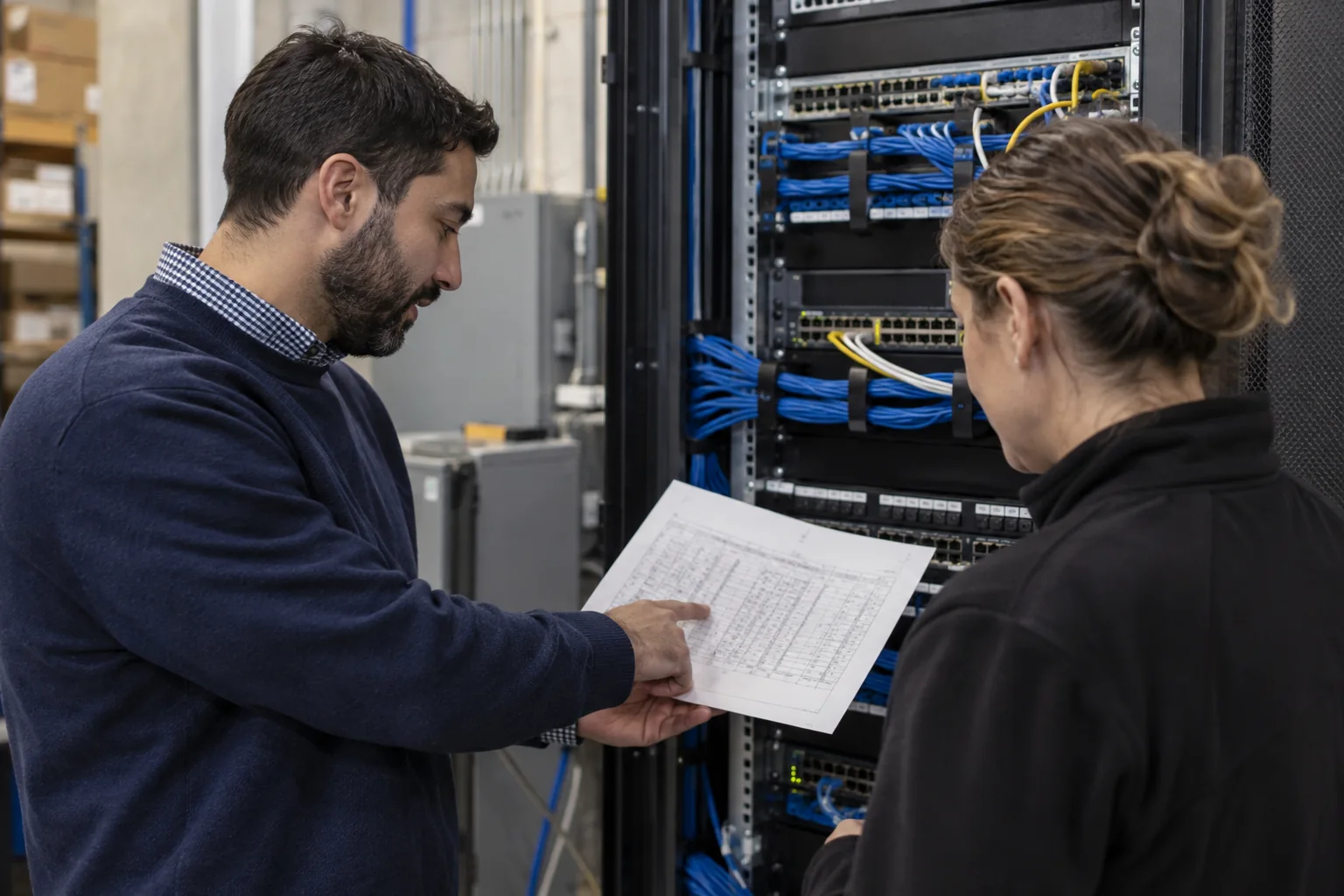 Illustrative scene of colleagues reviewing a cable plan beside a network cabinet