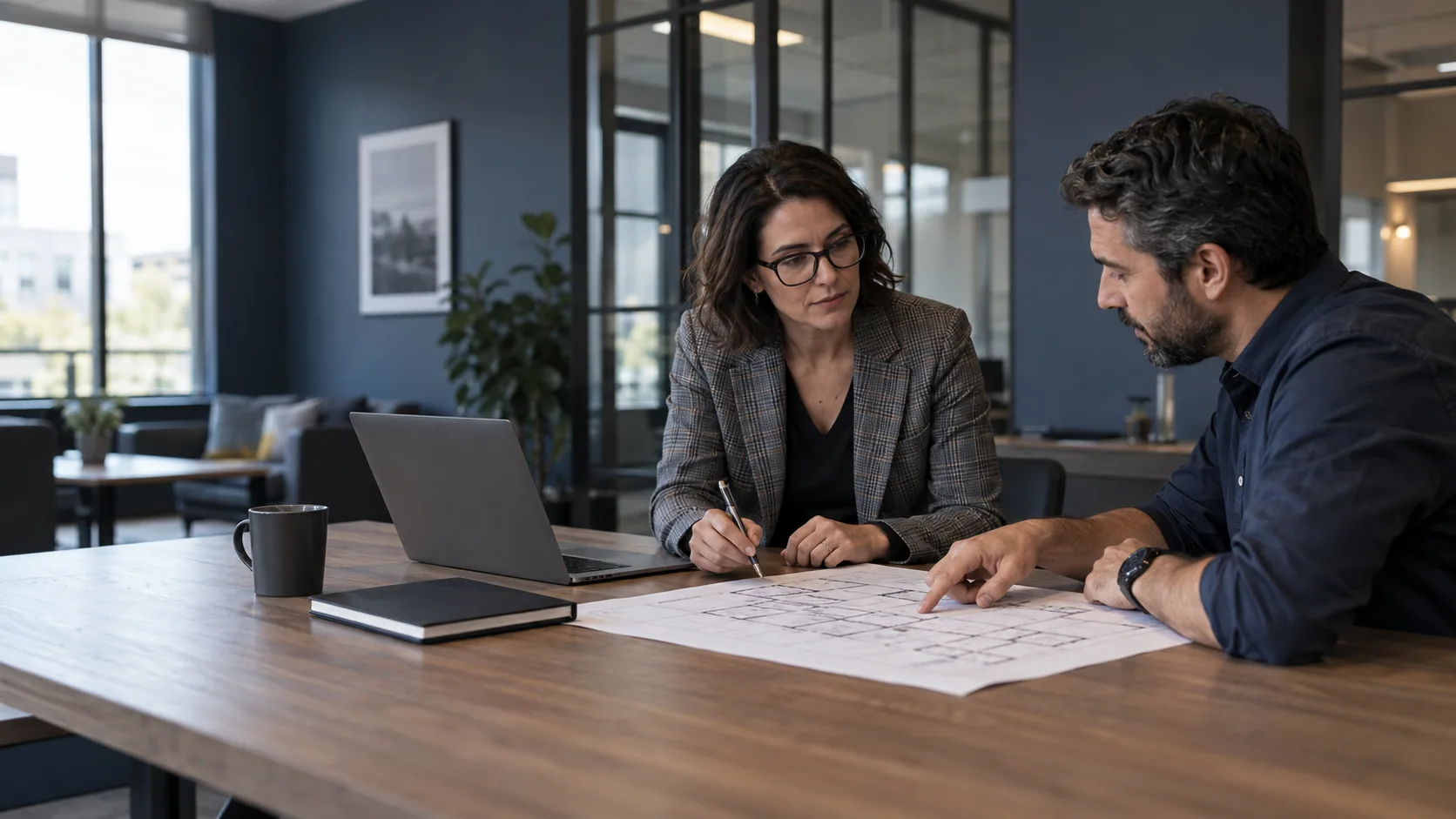 Illustrative scene of two professionals reviewing an office plan