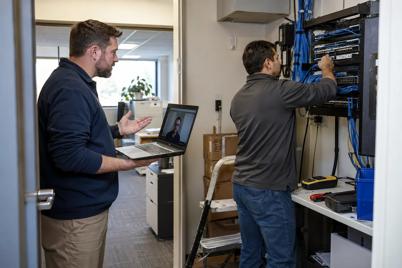 Illustrative scene of technicians coordinating network closet work with a remote colleague