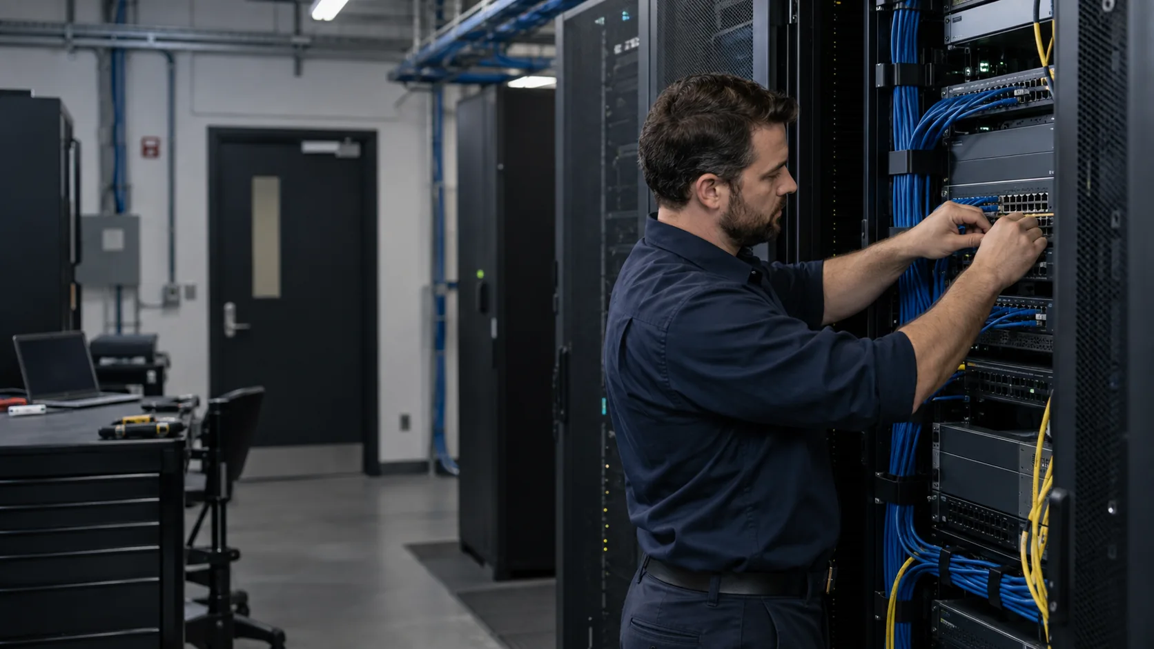 Illustrative scene of a technician working on data center network equipment