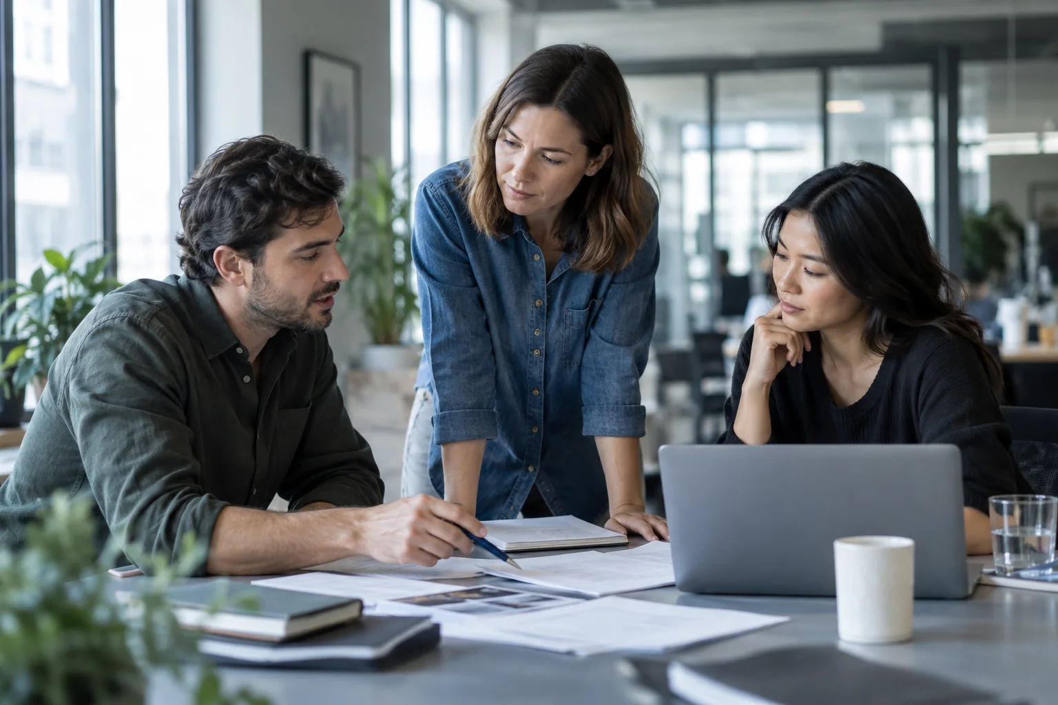 Illustrative scene of colleagues reviewing plans in a business operations office