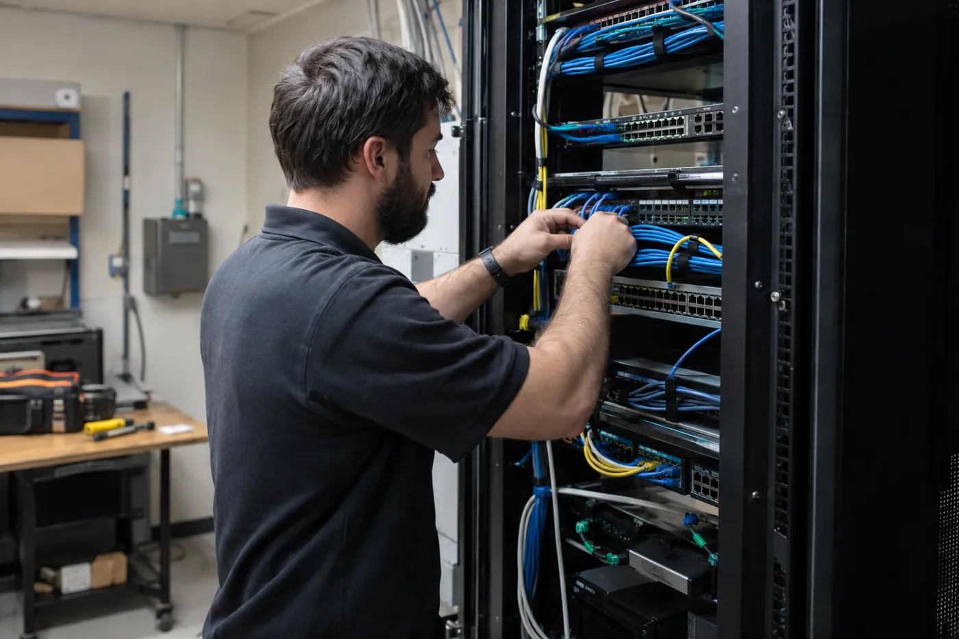 Illustrative scene of a technician working on network equipment in a business equipment room