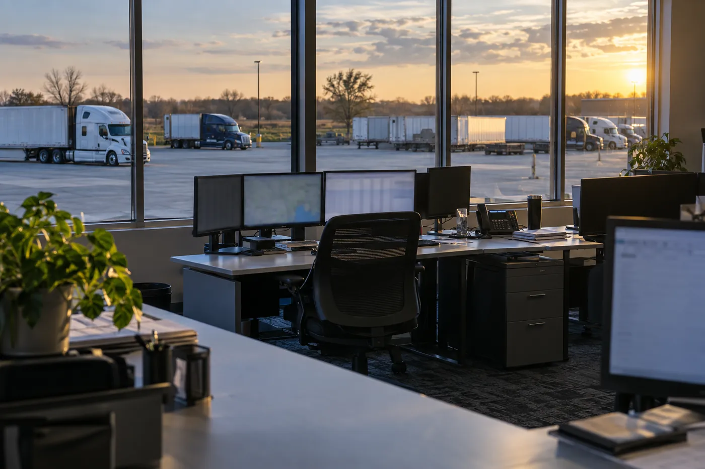 Illustrative scene of dispatch workstations overlooking parked trucks and trailers