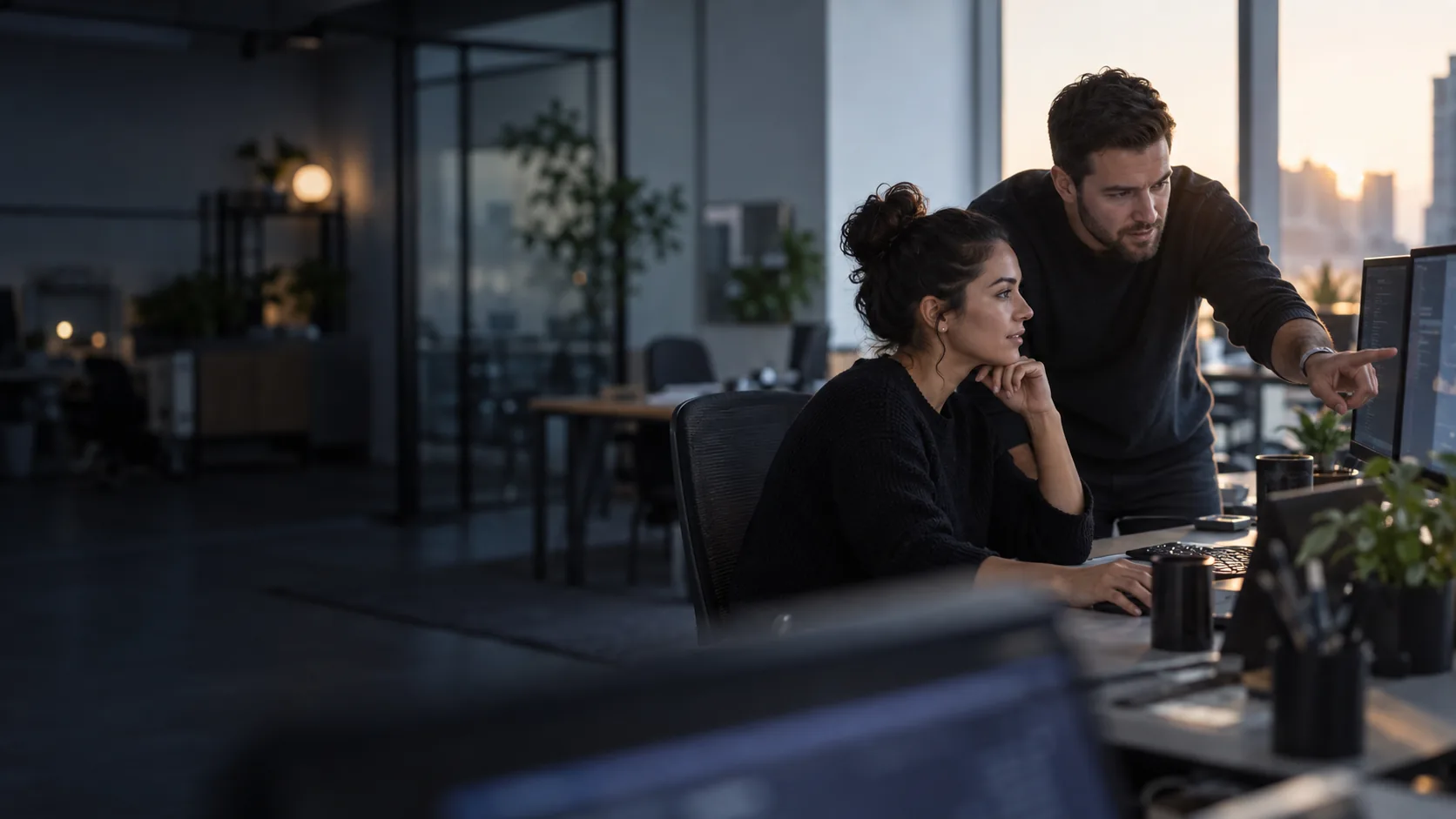 Illustrative scene of two people collaborating at a workstation