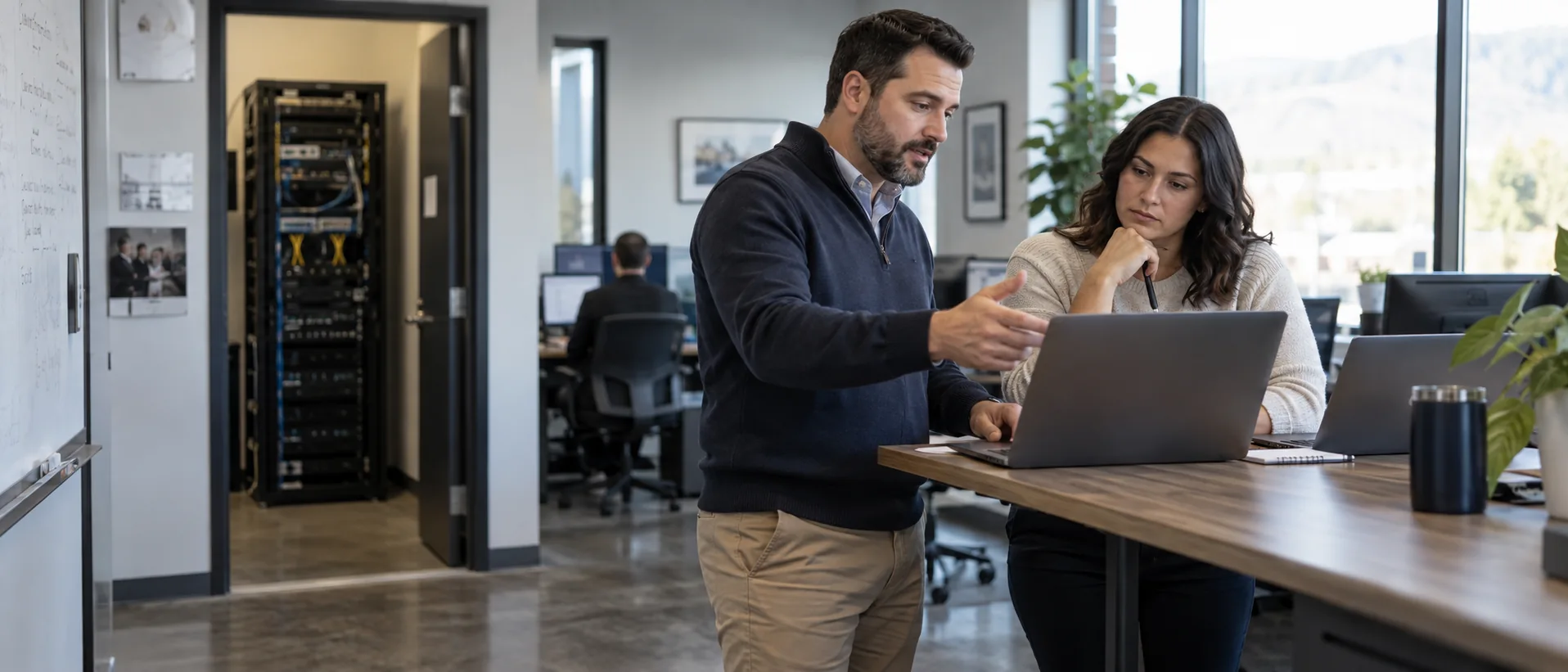 Illustrative scene of two colleagues discussing technology at a business workstation near a network rack